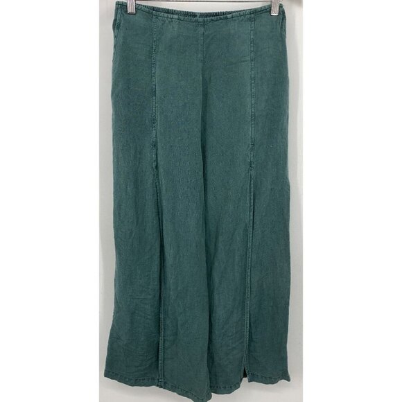 Young Fabulous Broke Wide Green Linen Pants Slits Stretch Waist Size Medium New - Picture 1 of 11